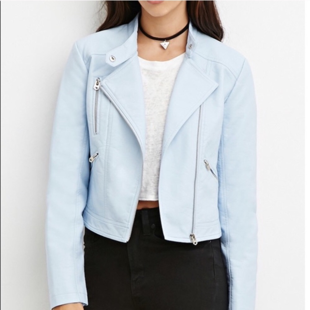 Forever 21 Women’s Blue Faux Leather Moto Jacket